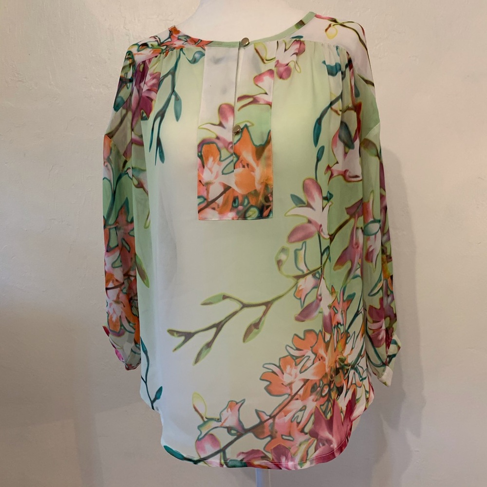 Jennifer Lopez Floral Sheer Blouse in Mint, Pink & Orange